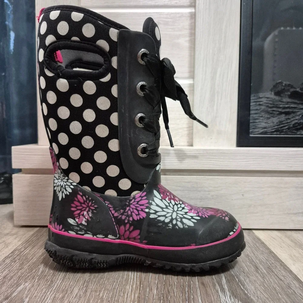 Bogs Kids Waterproof Rain Boots Floral Polka Dot Black Pink Sz 11
